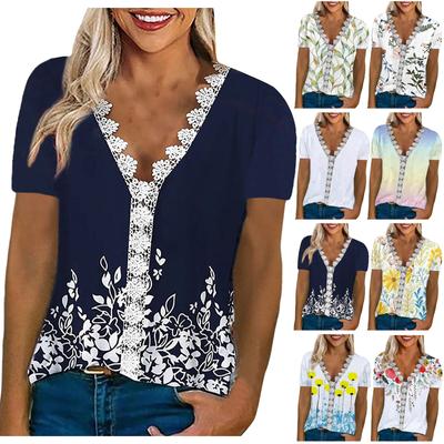 (Qunide) Women's Fashion T-shirt Comfortable Casual Lace V-neck Solid Color Vintage Print Short Sleeve Top