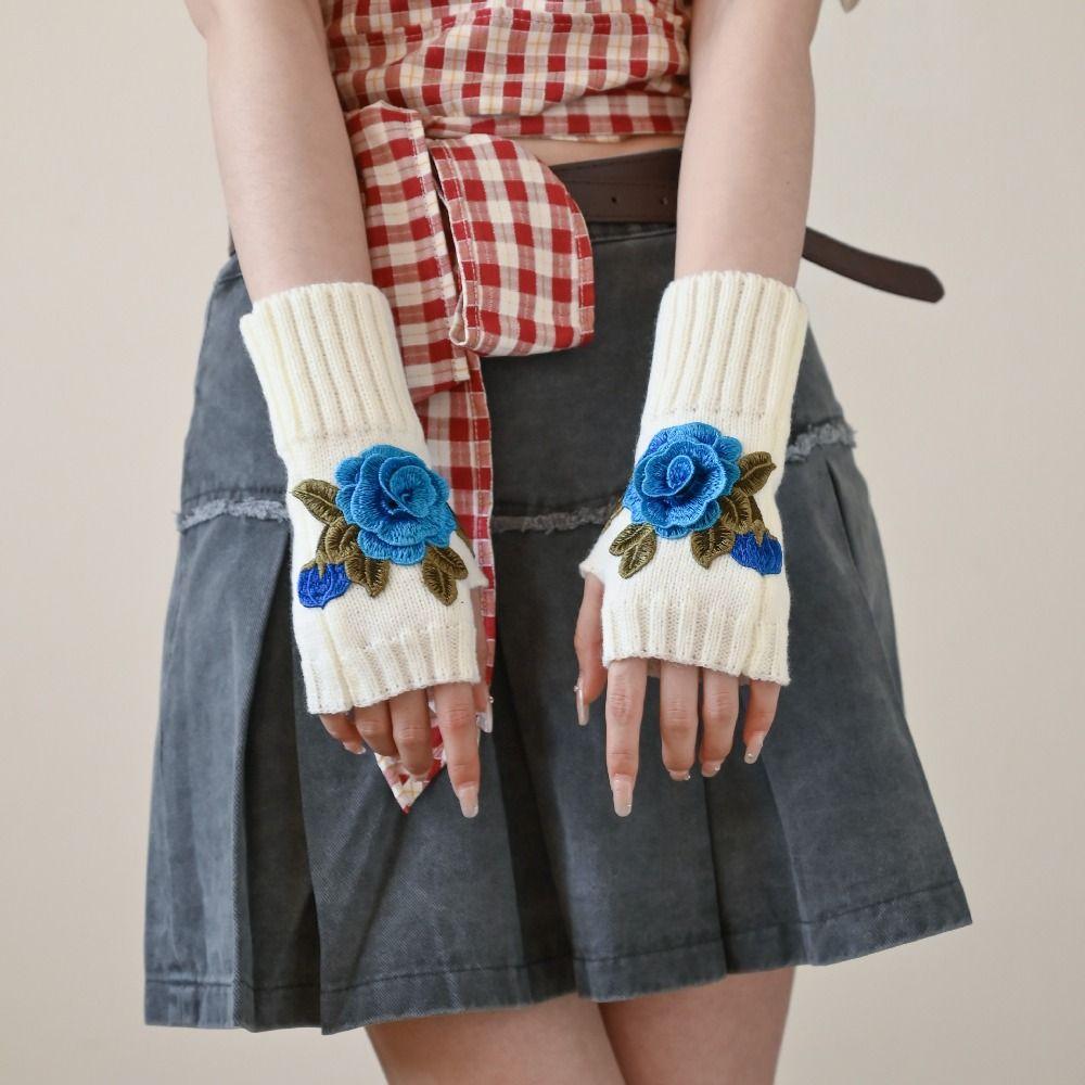 Half Finger Winter Wool Gloves Vintage Crochet Flower Mittens Embroidery Knitted Gloves  Outdoor
