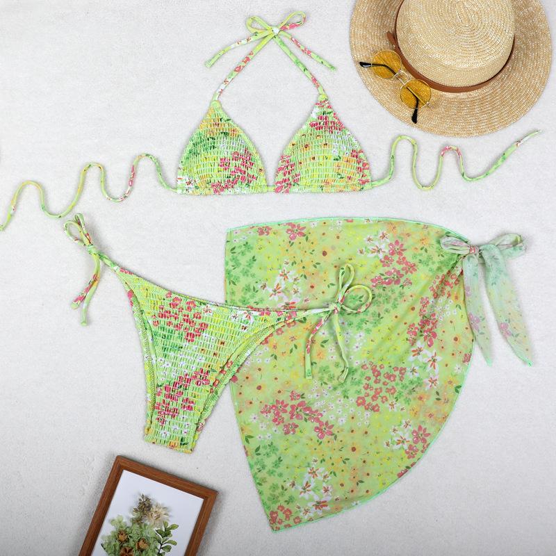 TS JYL-BK045 Mesh Skirt Three-Piece Bikini, Print Triangle Slim Swimwear For Vacation