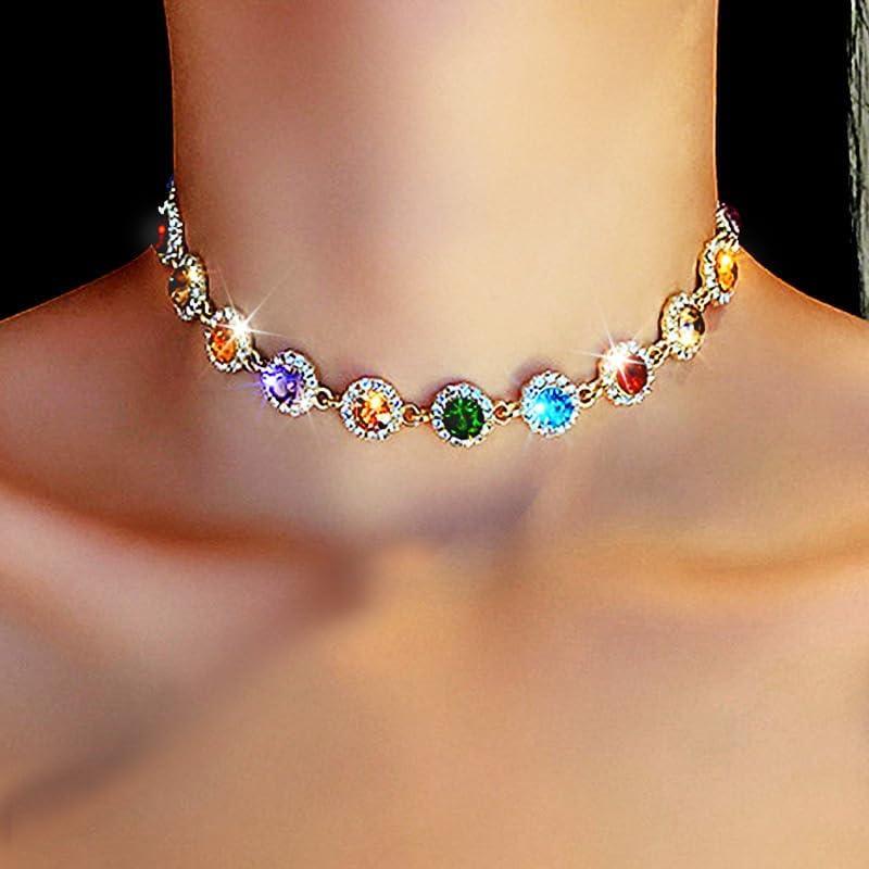 EARENT Colorful Rhinestone Choker Necklace Rainbow Jewelry for Women