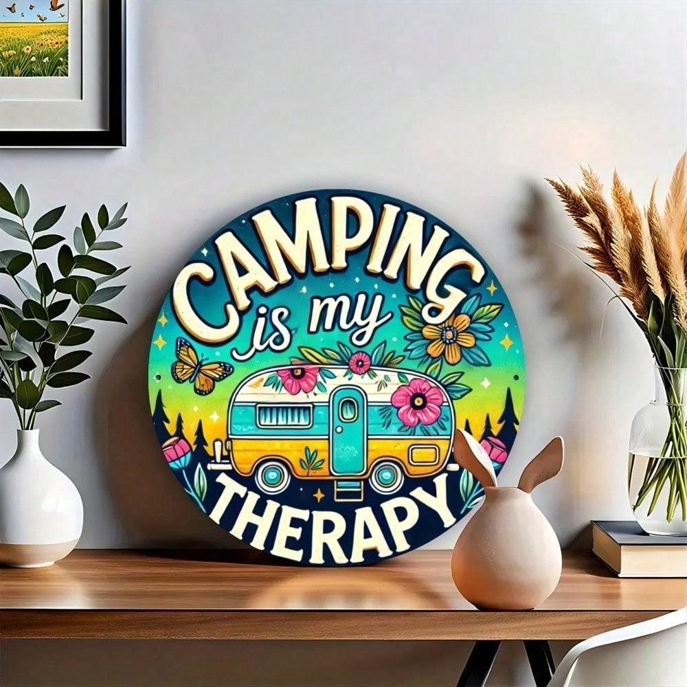 Vintage Camper Van Tin Sign, Round Retro Metal Wall Art, Camping Decor for Living Room, RV Garage, Man Cave, 7.8 Inch
