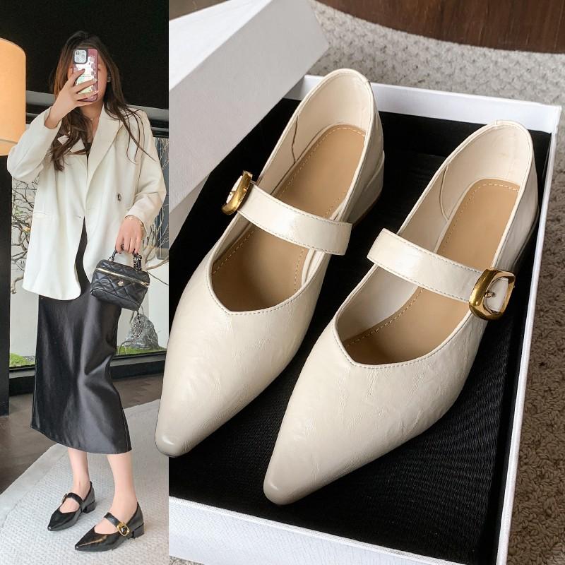 New Women's Pointed Toe Single Shoes with Medium Heel and Shallow Buckle Square Heel High Heels Boat Shoes Zapatos Mujer