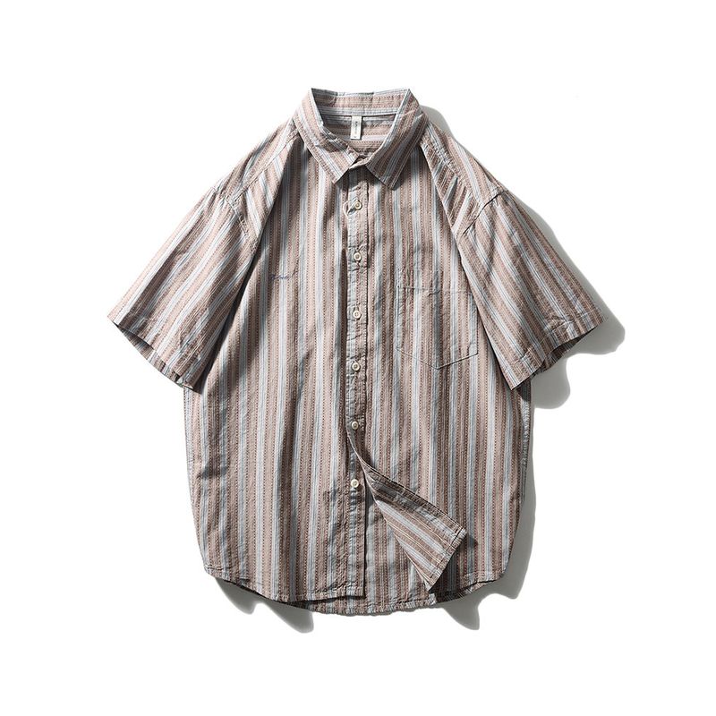 Vintage American Shirt Men Short Sleeve Stripes Summer Pure Cotton Retro Outwear Export Men's Casual Shirt