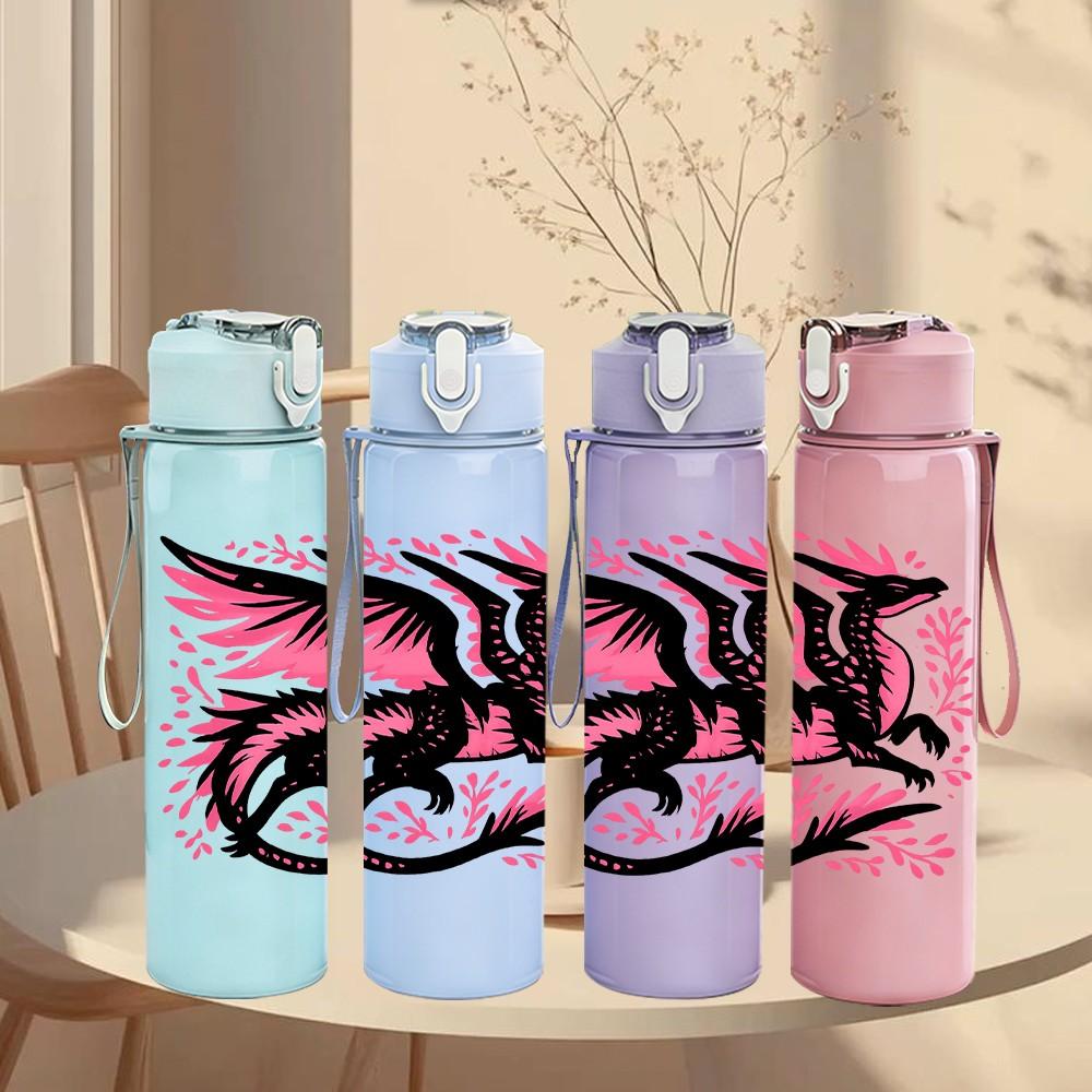 1PC Pink Black Dragon Art 750ml Color Plastic Sports Water Bottle Leakproof Flip Straw Lid Suitable for Sports Office Home Use