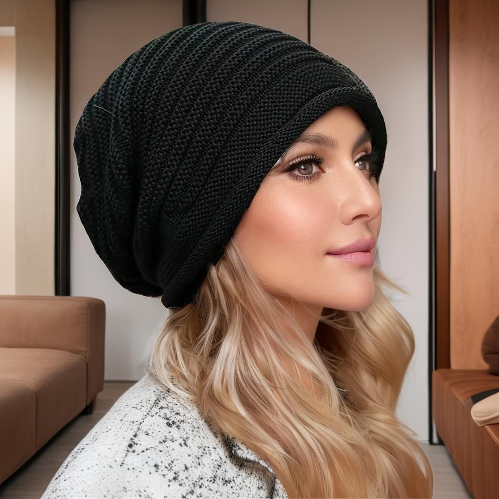 Beanie Hat for Men & Women - Black Striped Warm Slouchy Cap with Ear Protection Outdoor Cycling, Running, and Winter Sports, Winter Sports Hat