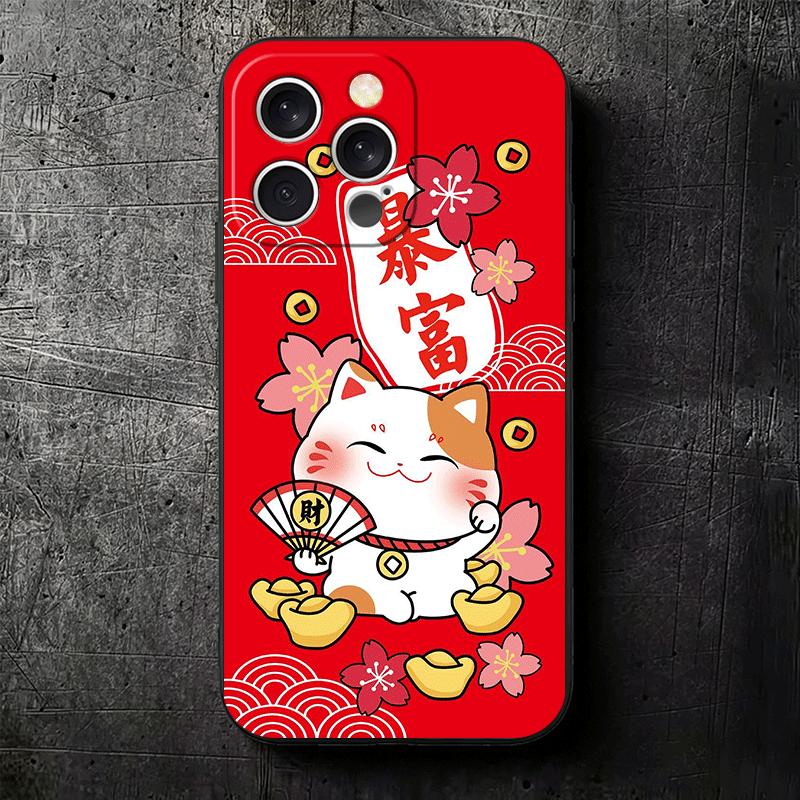 Lucky Cat Maneki Neko Japanese Soft Phone Case for iPhone 16 16E 17 Air 15 Pro Max 14 Plus 13 Mini 11 12 7 Black Cover Back Shel