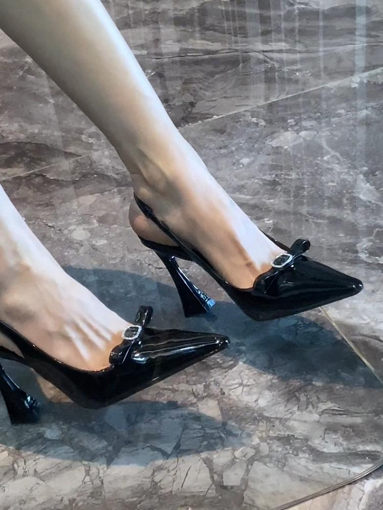 Burgundy Bow Buckle Rhinestone Sandals Women's Horseshoe Heel One-word Strap Sexy Celebrity High Heels