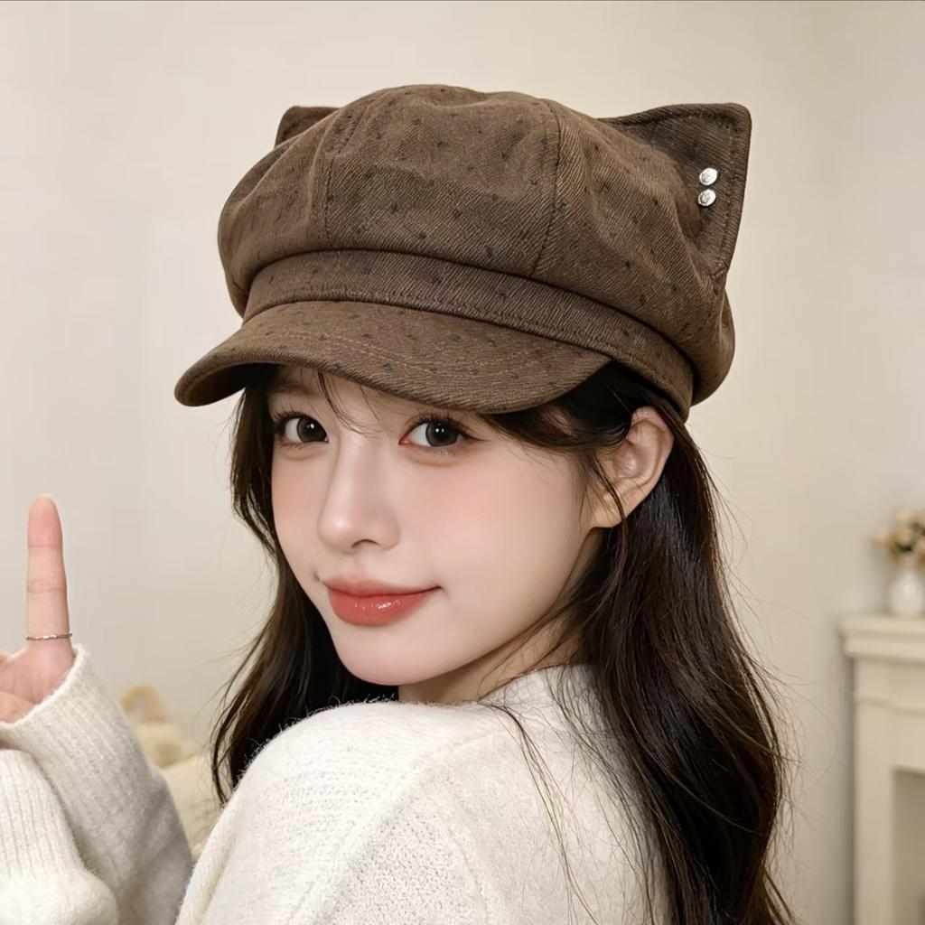 Retro polka dot cat-ear soft and cute duckbill cap for women, autumn and winter sunshade newsboy cap, trendy and face-slimming octagonal hat