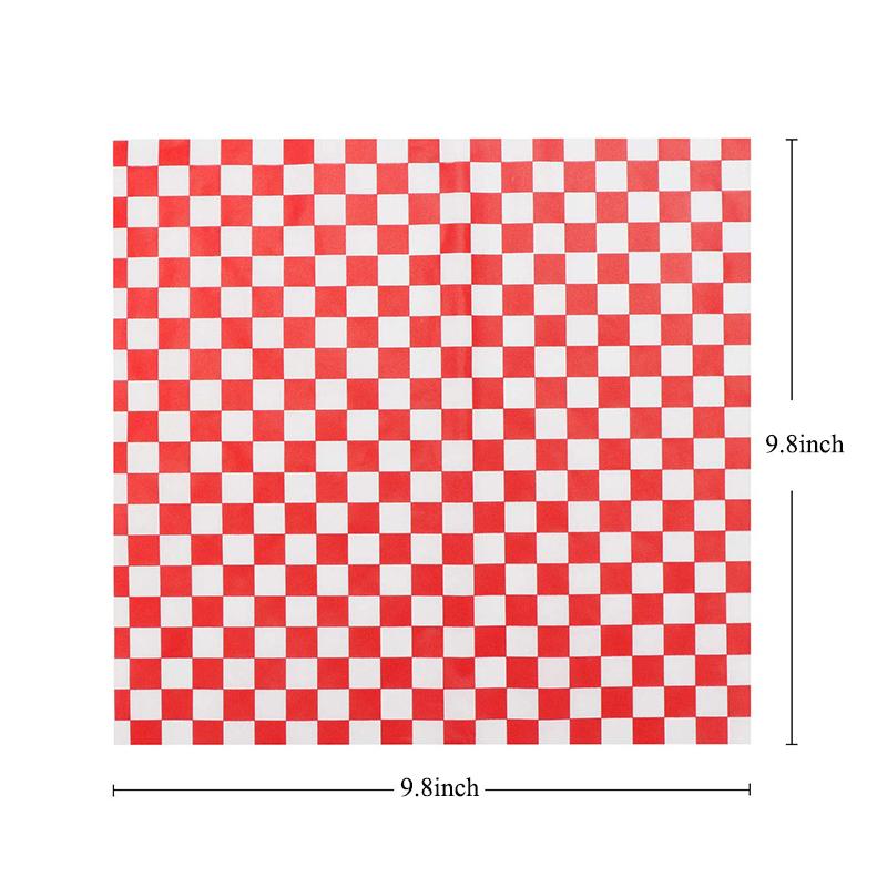 25 Sheets Checkered Sandwich Wrappers, 9.8" x 9.8" Dry Wax Paper, Grease Resistant Black Red Burger Food Basket Liner Oilpaper