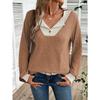 Womens Color Block V Neck Loose Long Sleeve Knit Sweater