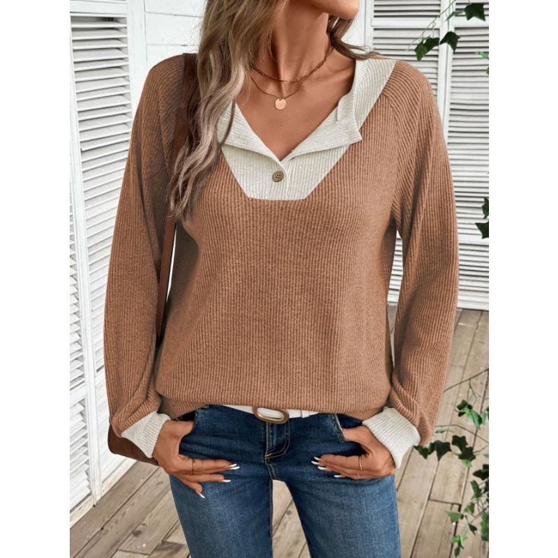 Womens Color Block V Neck Loose Long Sleeve Knit Sweater