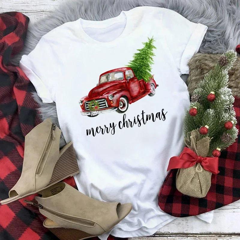 Truck SnowUnisex Family Christmas TShirt Womens Short Sleeve Cute Casual Top Cartoon SnowUnisex with Santa Hat Print