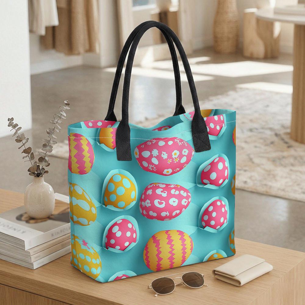 Easter Egg Print Tote Bag Fashionable Large Capacity Daily Carry Handbag