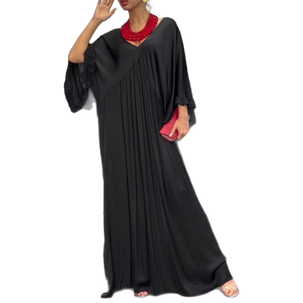 Summer Women's Fashion Casual Satin Ruffle Sleeve Ruched Long Maxi Dress for European American
