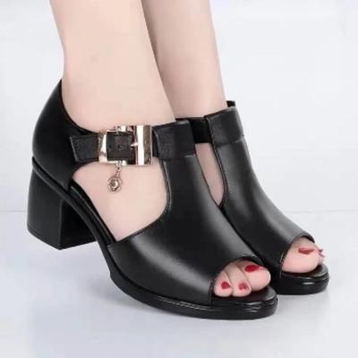 Thick Heel Fish Mouth Shoes for Women Summer Black Open Toe Sandals Women Shoes Trendy Rhinestone Belt Buckle Women Modern Shoes