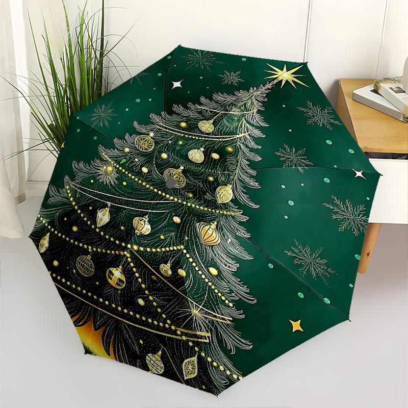 1 pièce Parapluie Pliant Automatique Sapin de Noël Doré, Cadeau Festif pour Fans, Voyageurs et Usage Quotidien.X002