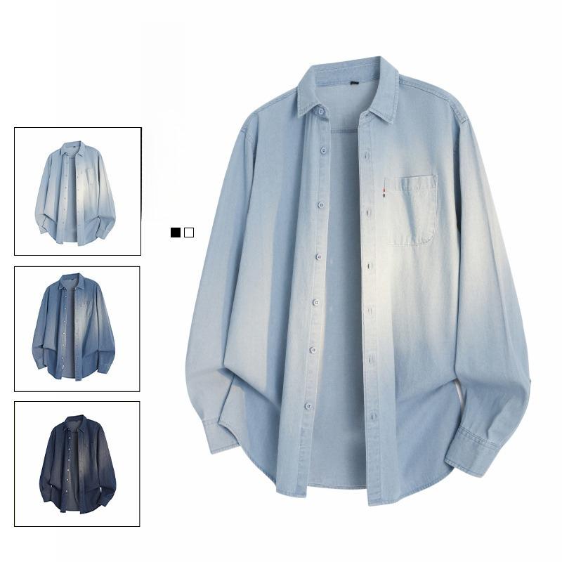 Minimalist Solid Color Jakas Men's Long-sleeved Shirt Autumn Denim Lapel Loose Men's Casual Jacket Coat Men's Breathable Work Casual Jacket