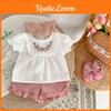 Stilvolles Sommer 2023 Baby Mädchen Besticktes Puffärmel-Top und Niedliche Rüschenshorts Outfit-Set