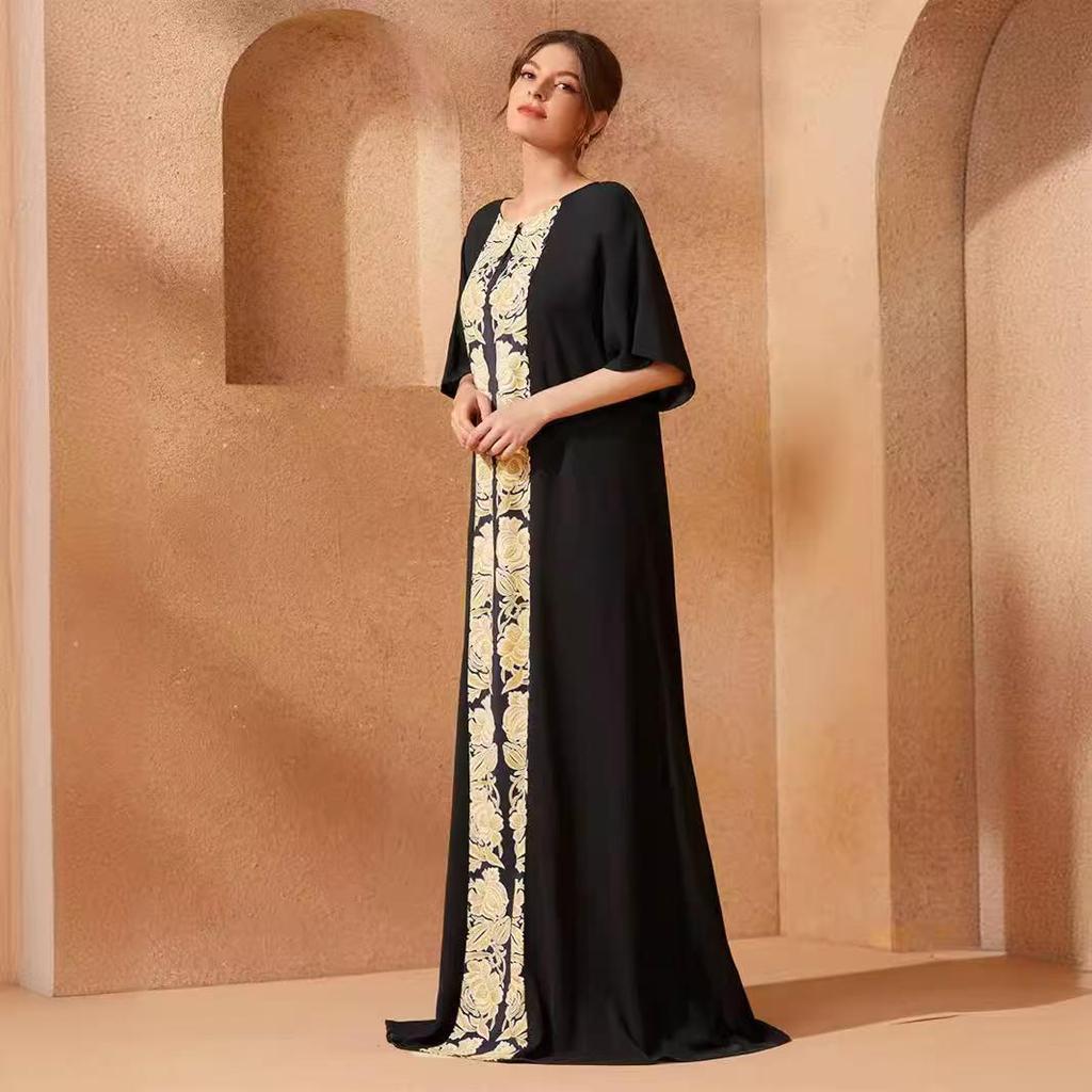 Schwarz-Gold Östlich-Ethnisch Bedrucktes Langes Robenkleid