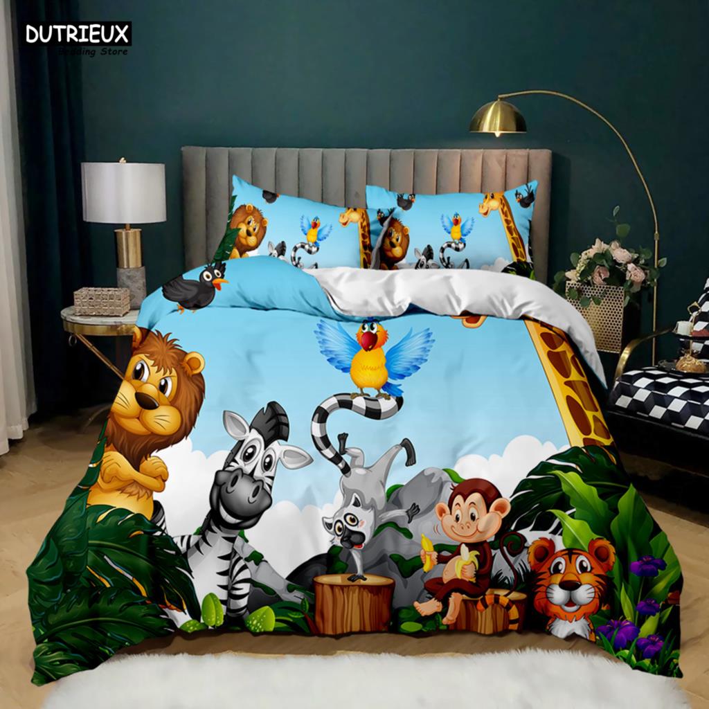 Elephant Comforter Cover Cute Cartoon Animal Paradise Bedding Set Boys Girls Kids 3D Animal World Queen Polyester Duvet Cover
