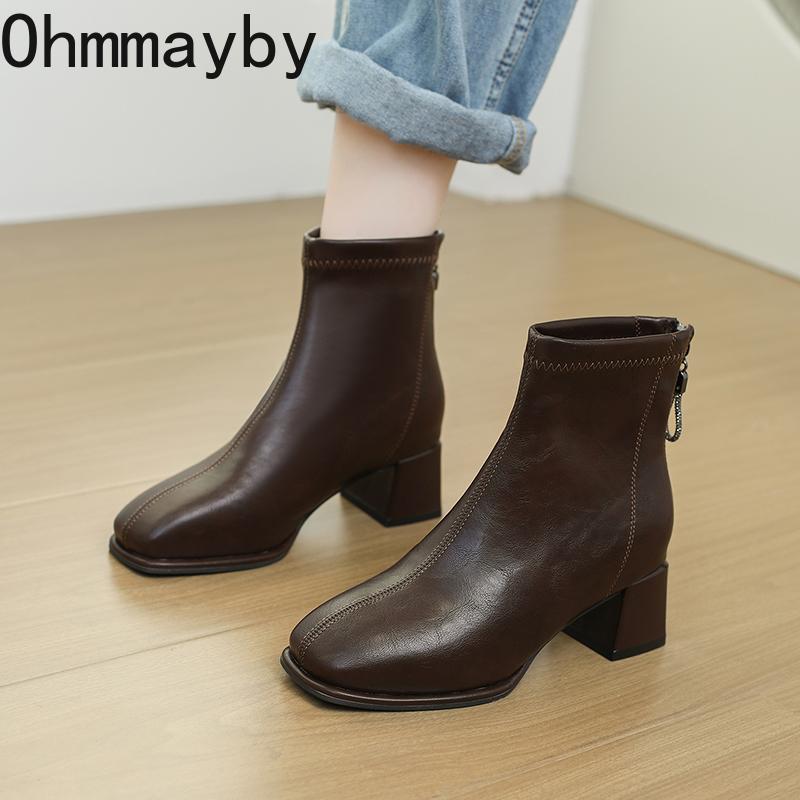 Square Toe Thick Heel Women Ankle Boots Street Style Banquet Party Dress Short Botas Autumn Winter Women's Short Plush Shoes