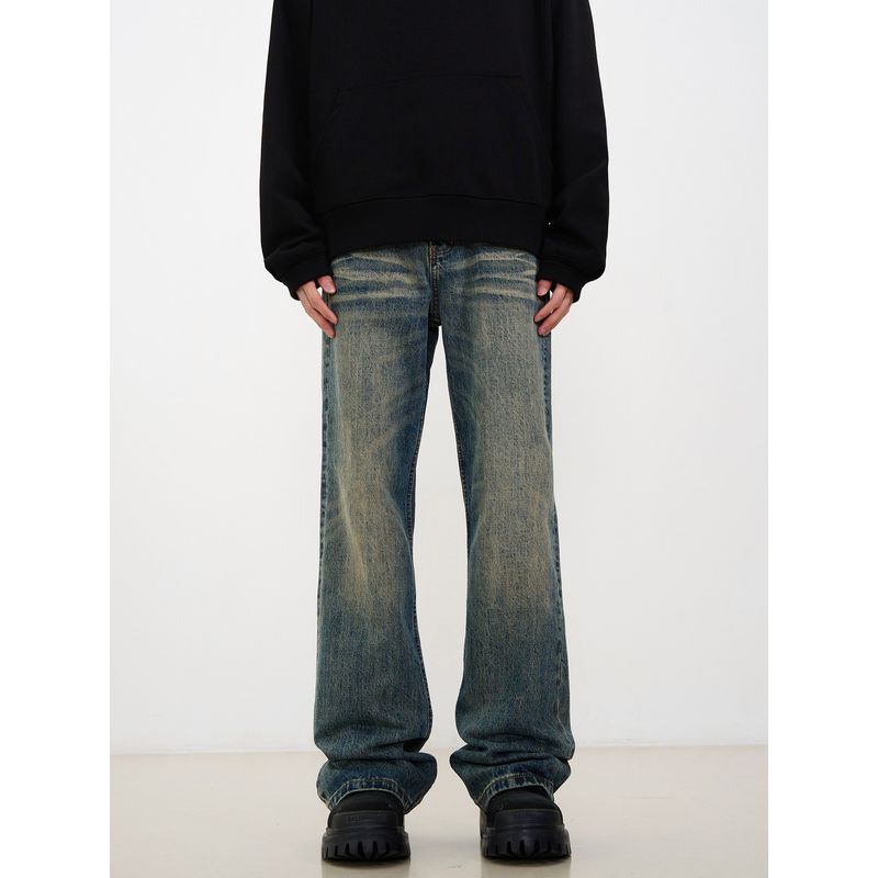 Kisko American High Street Washed Vintage Yellow Mud Flared Jeans for Men, Trendy Straight-Leg Slimming Cleanfit Long Pants