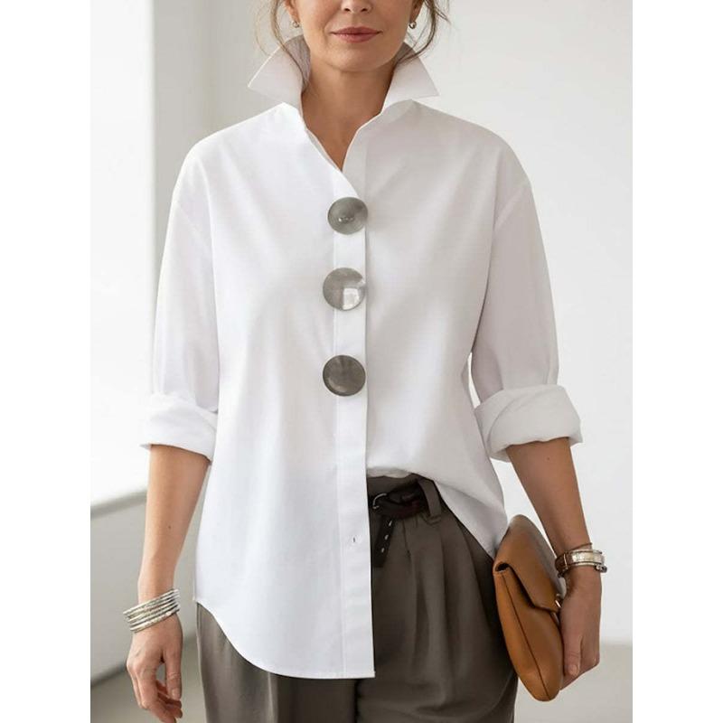 Womens Lapel Large Button Loose Long Sleeve Casual Office Shirt S белый