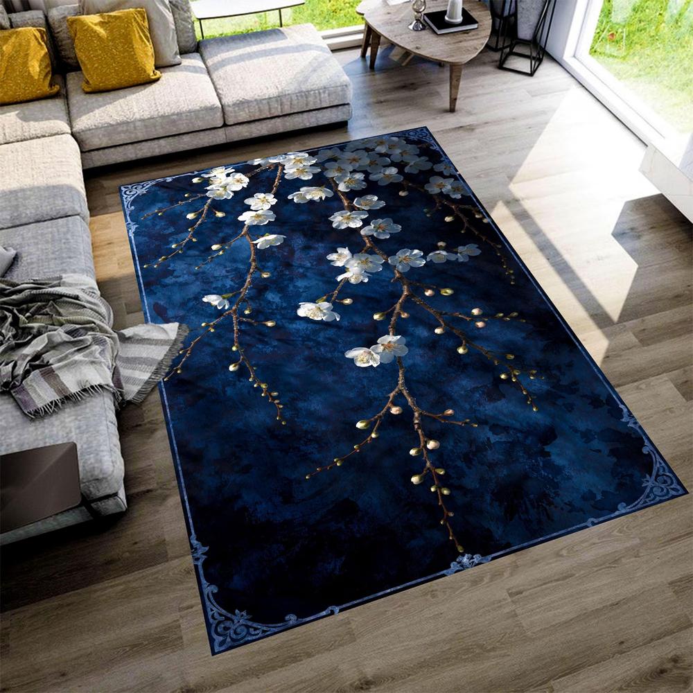 Blue Cherry Blossom Print Area Rug, Vintage Floral Branch Floor Mat for Living Room Bedroom Kitchen Office Home Decor