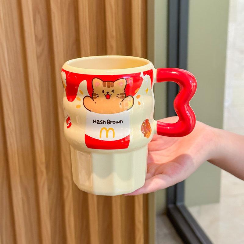 

ins French fries straw cup cute ceramic mug with lid high value couple coffee mug birthday gift 401-500ml