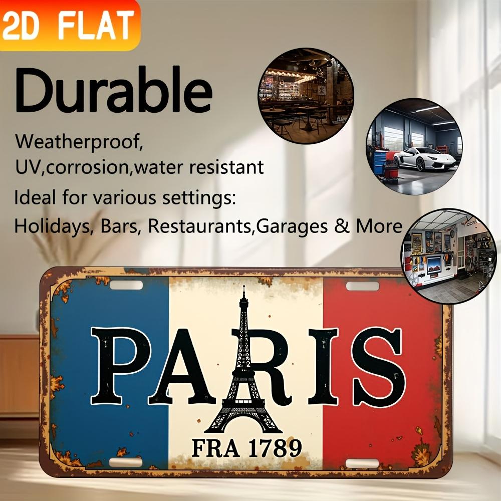 Hisun Blechschild HD Aluminium Metallschild Paris Frankreich Flagge Vintage Kennzeichenstil Wanddeko Retro Eiffelturm FRA Design Blechposter