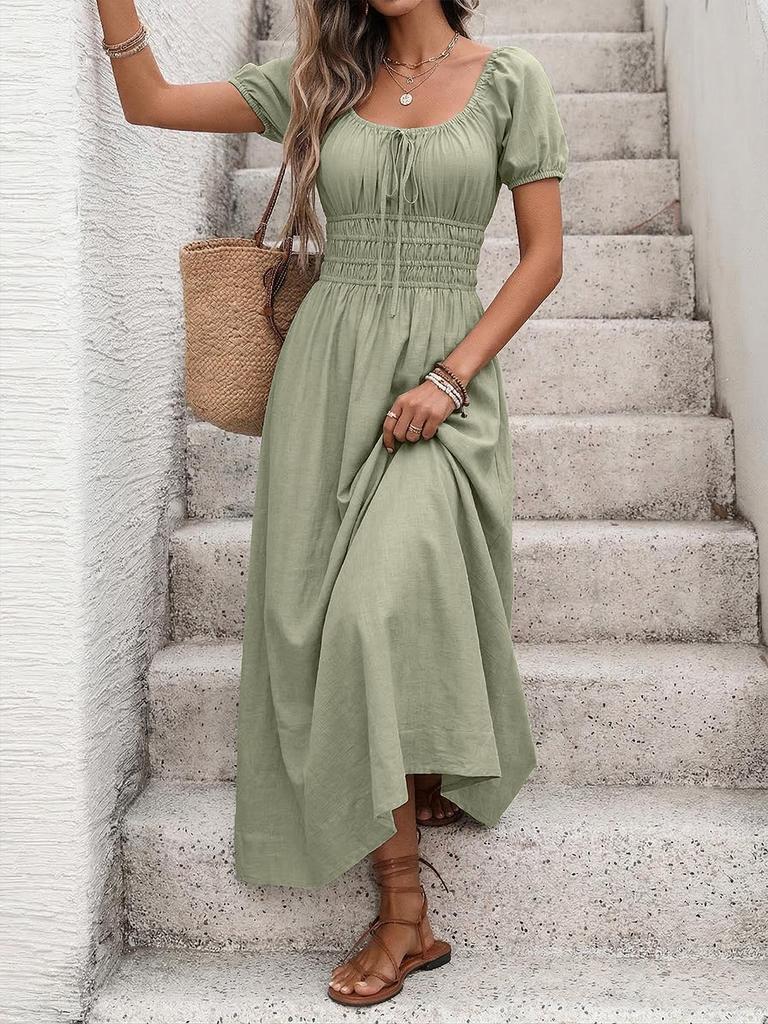 2026 Spring/Summer Elegant French Square Neck Puff Sleeve Long Dress for Women