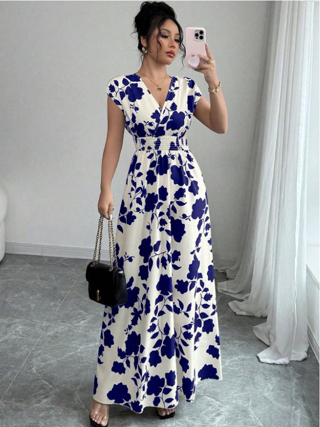 Europäisches und Amerikanisches V-Ausschnitt Taillenbetontes Kurzarmkleid - Frühling/Sommer Druck Langes Kleid für Damen