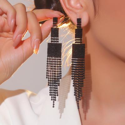 Simple and Versatile Small Rhinestone Long Fringed Earrings