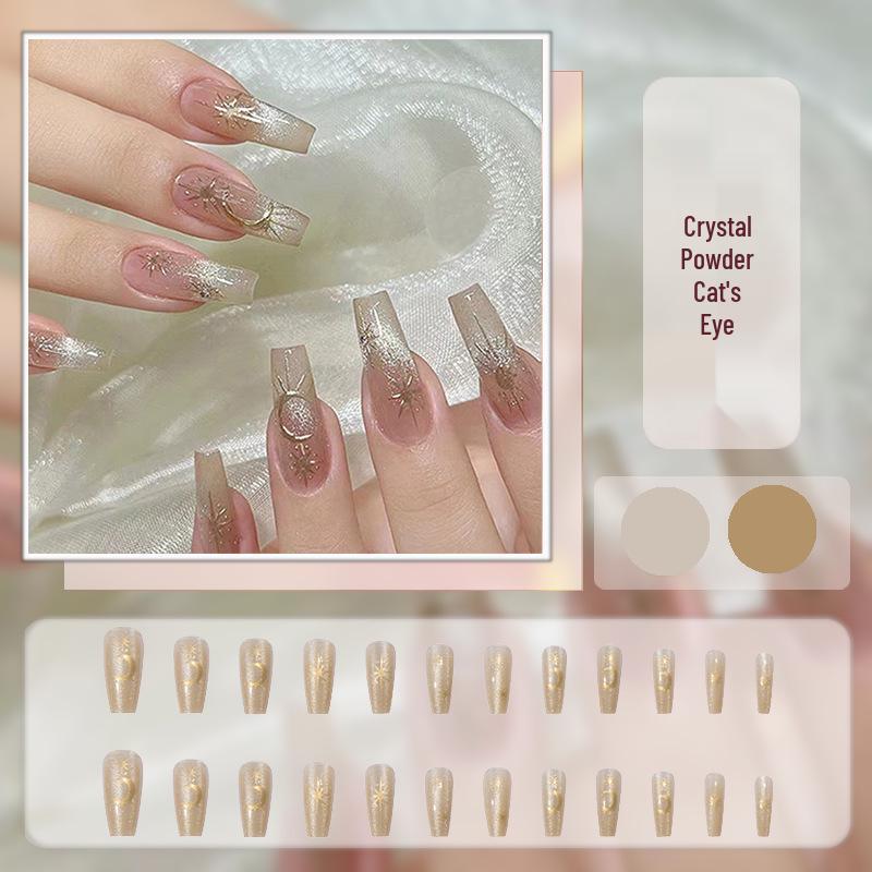 Cat Eye Press-On Nails: Luxurious Nail Art Tips with Stone Glass Beads In Long & Short Whitening Styles