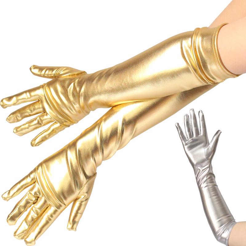 Shiny Gold and Silver Patent Leather Long Gloves for Stage Performance