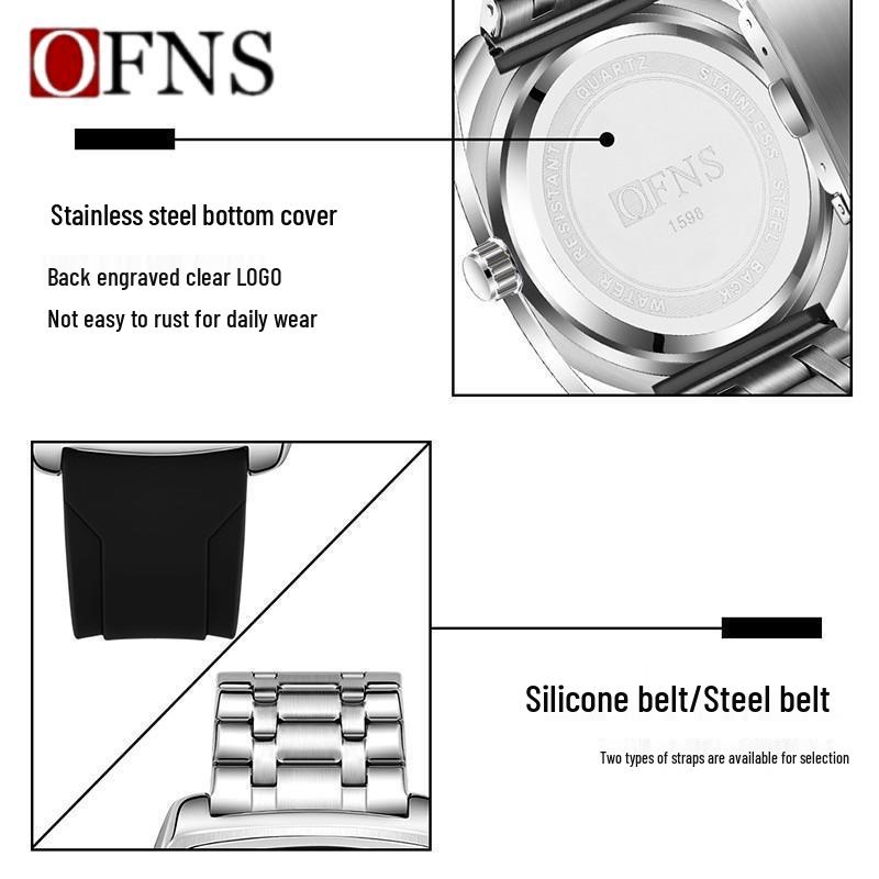 Oufanni Waterproof Men's Steel Band Quartz Watch with Luminous Dial and Double Calendar