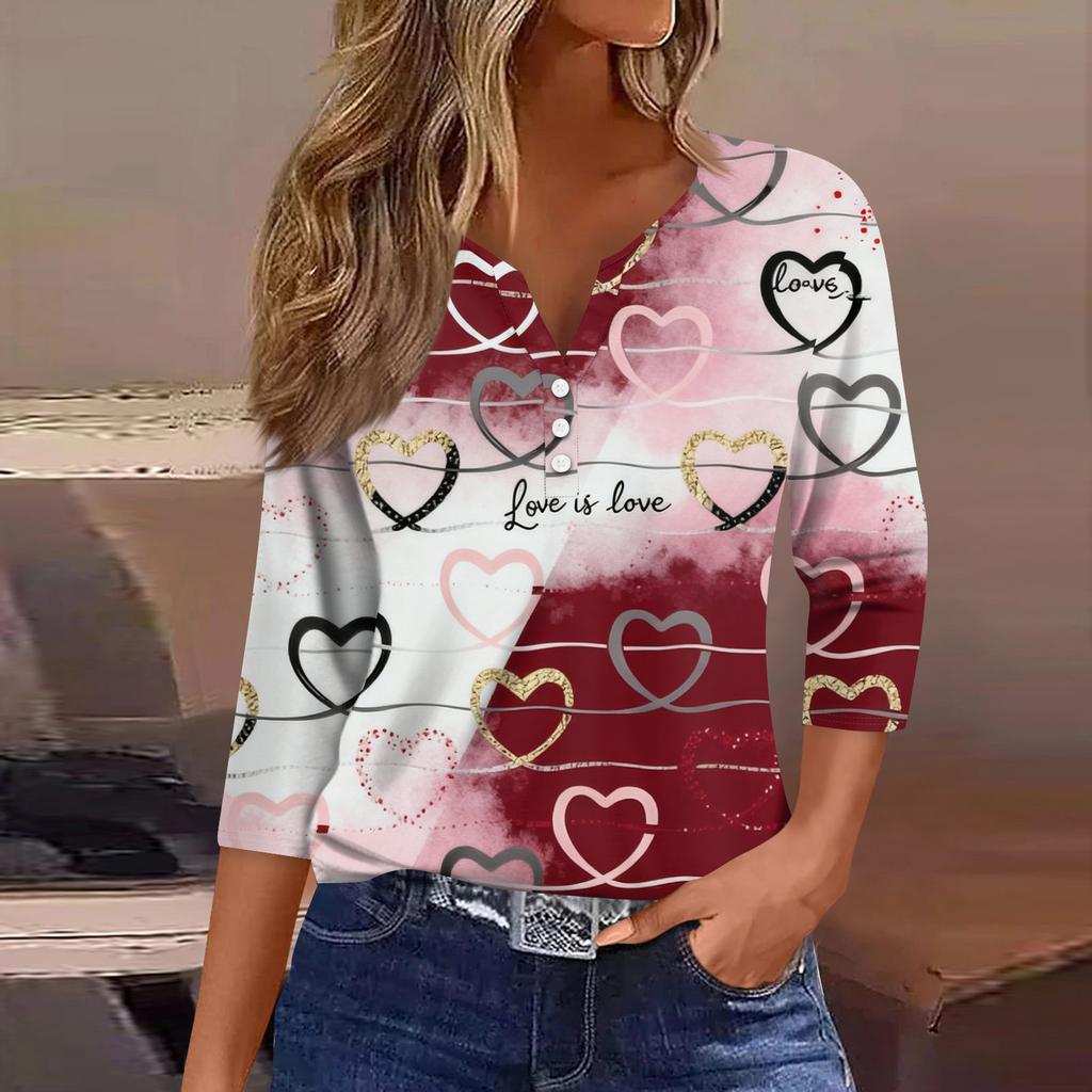 Women's Fashion Button-Up V-Neck Three-Quarter Sleeve Valentine's Day Print Top