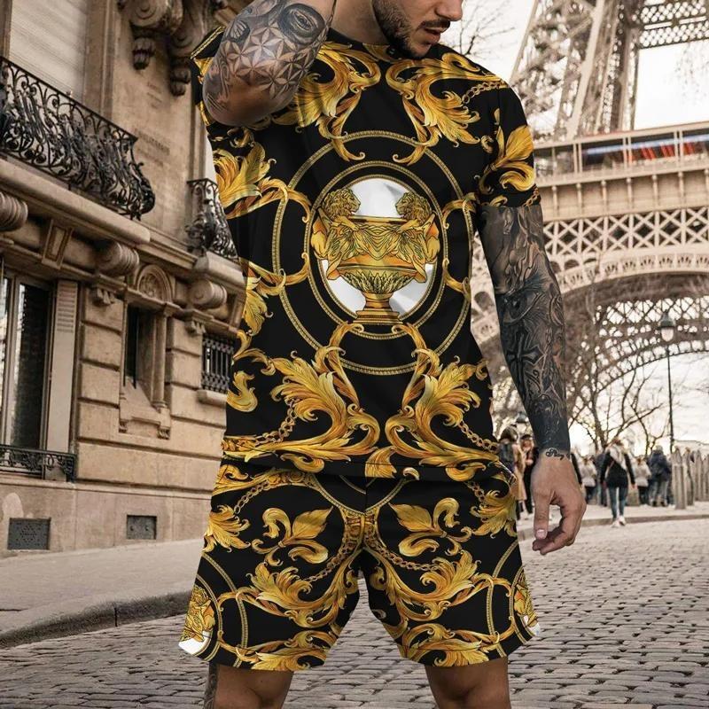 Summer Men's T-Shirt Set Gold Pattern 3D Print T-shirt Shorts 2-piece Set Elegant Casual Clothes Street Baroque T-shirt top
