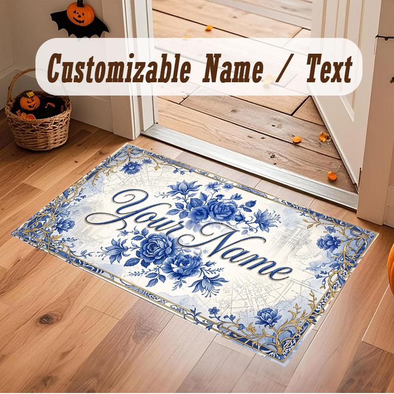 Floral Garden Theme Crystal Velvet Floor Rug Personalized Custom Name Text Warm Carpet Home Decoration