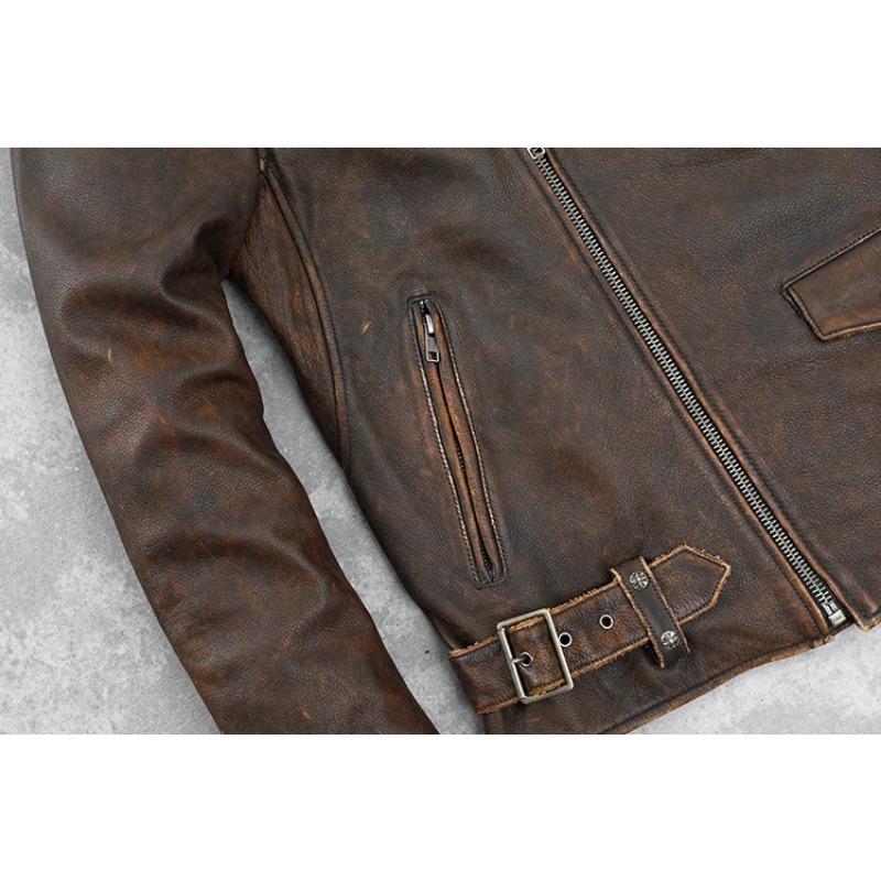 Chinesische Größe Rindsleder Ledermantel Herren Retro Distressed Motorrad Fahrradbekleidung Trendy Jugend LapeSpring und Herbst Mantel