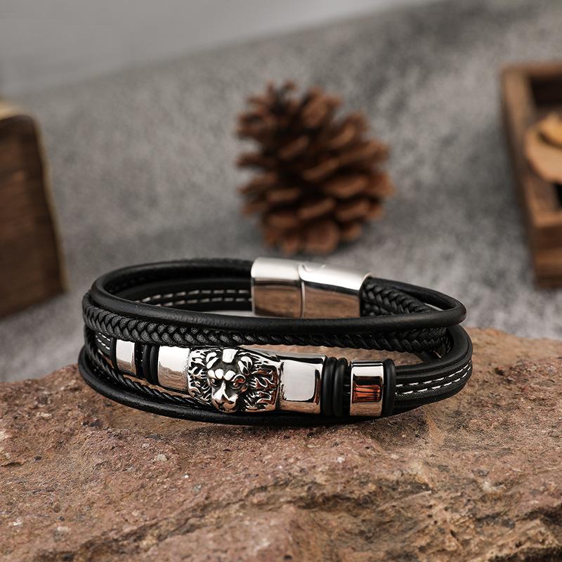 Men's Multi-layer Woven Leather Bracelet, European and American Punk Stainless Steel Lion Head Bracelet, Men's Leather Rope Bracelet.