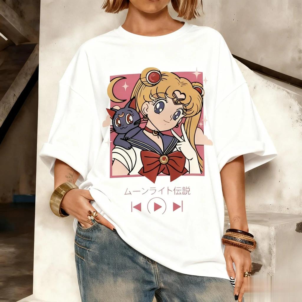Sailor Moon Tsukino Usagi & Luna "Moonlight Densetsu" Music Player Oversized T-Shirt Girl Anime Streetwear Tee, 100% Cotton Casual Short Sleeve Top