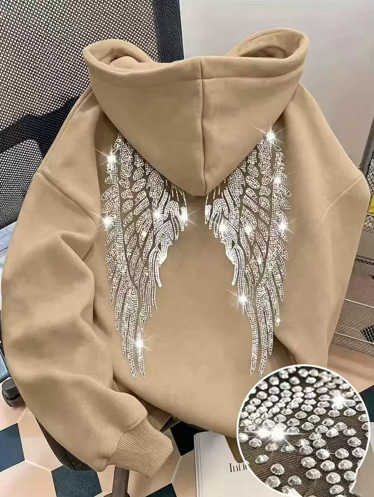 Hanorac cu glugă și mânecă lungă pentru femei, croială regulată, hoodie casual, pulover cu imprimeu aripi cu strasuri, poliester, îmbrăcăminte exterioară fashion