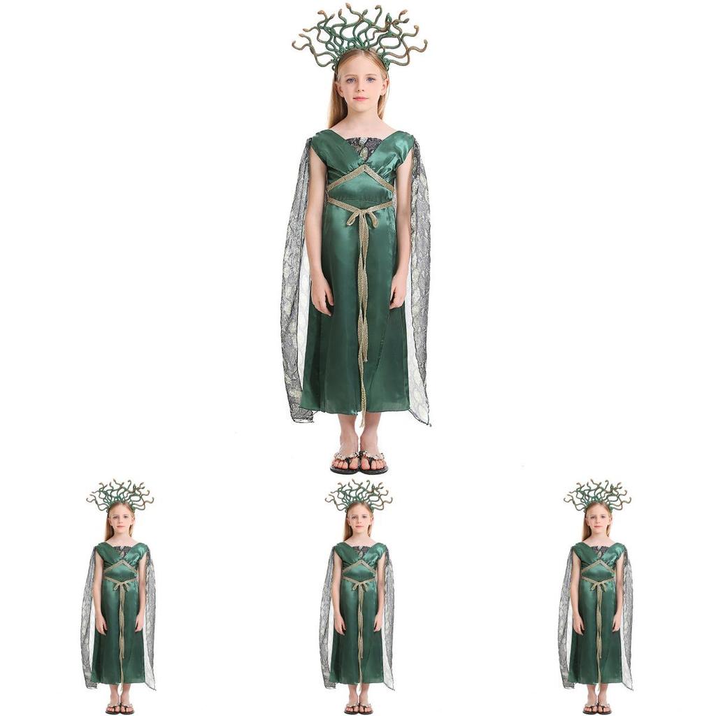 Fantasia de Halloween Encantadora de Medusa para Meninas com Saia Verde e Adereço de Cabeça