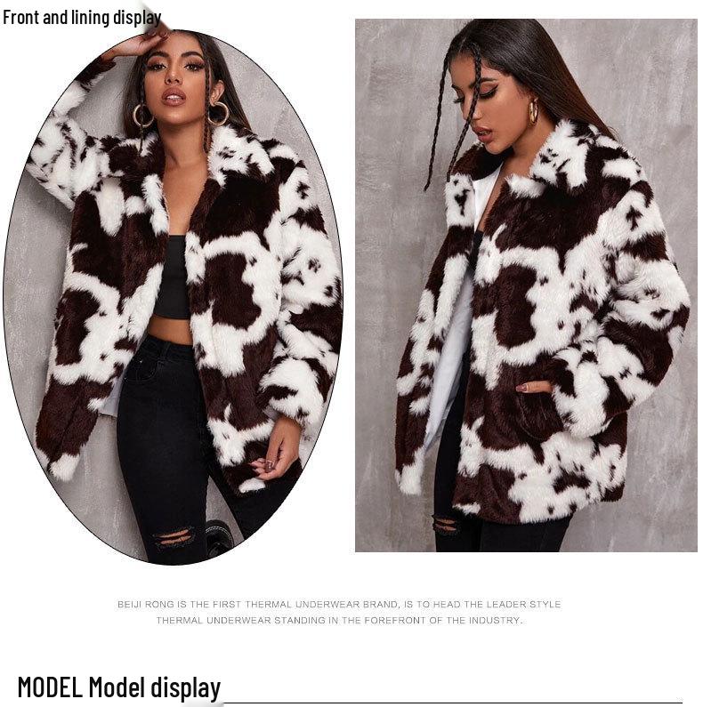 Women's Harajuku Style Black and White Cow Print Faux Rabbit Fur Coat - European and American Autumn/Winter Jacket