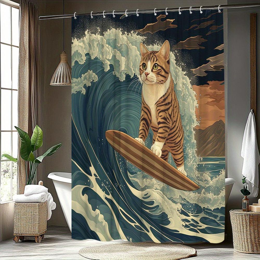 1Pc Cat Surfboard Shower Curtain - Retro Fun Cartoon Animal Print With 12 Hooks, Washable Polyester Bathroom Decor
