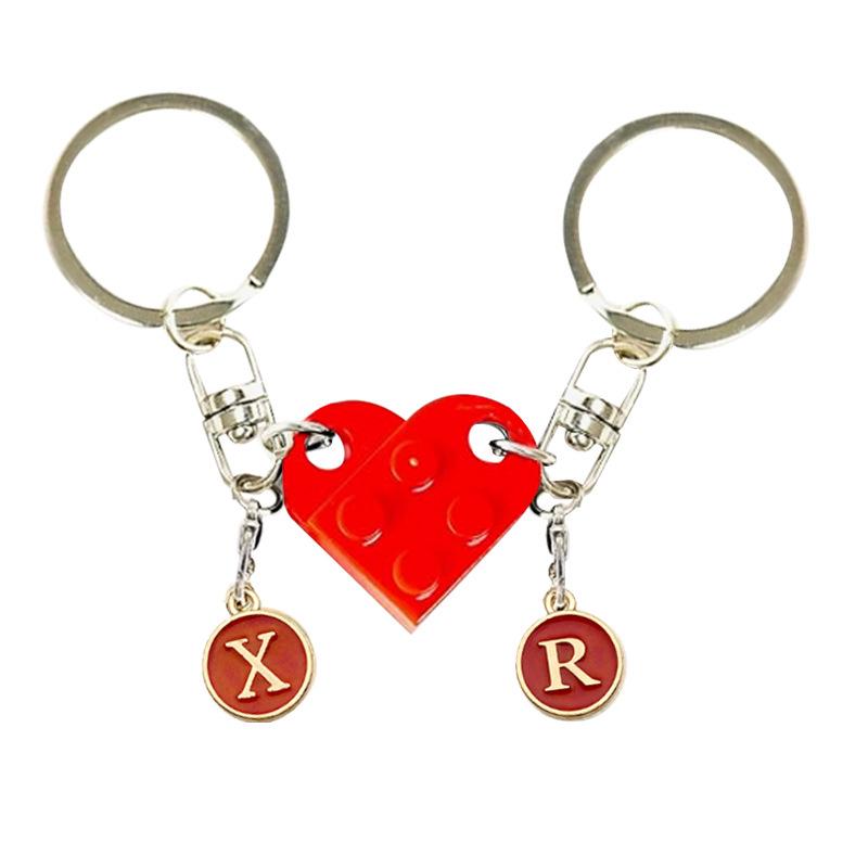 Cross-Border DIY Heart Building Block Keychain: Detachable Couple Pendant with Letter Options