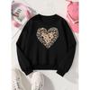 Girls' Leopard Print Heart Pattern Long-Sleeve Crewneck Sweatshirt | Casual, Slight Stretch, Regular Fit
