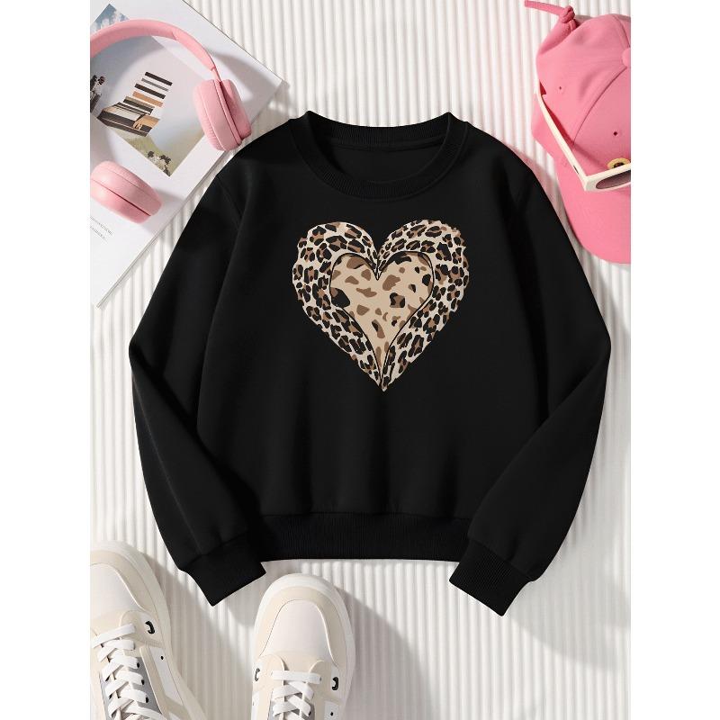 Girls' Leopard Print Heart Pattern Long-Sleeve Crewneck Sweatshirt | Casual, Slight Stretch, Regular Fit