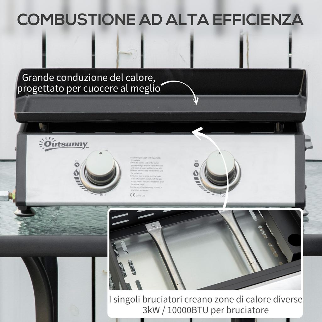 Tabletop Gas Barbecue Griddle with 2 Burners and Power 6kW, 48.5x46x21cm, Black